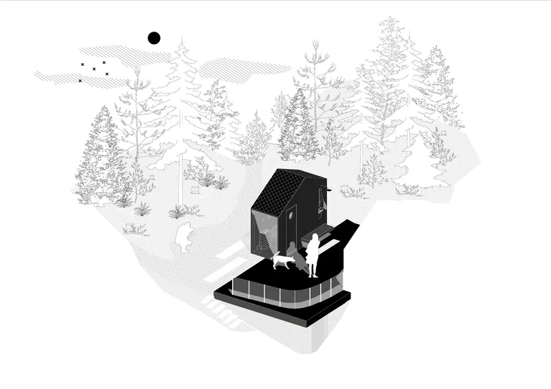 Isometric drawing of the entrance terrace with figures and a dog among illustrated conifers