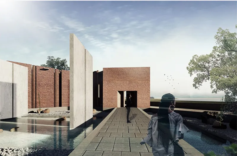 Processional walkway framing water and sky, leading visitors through a sequence of introspective spaces.