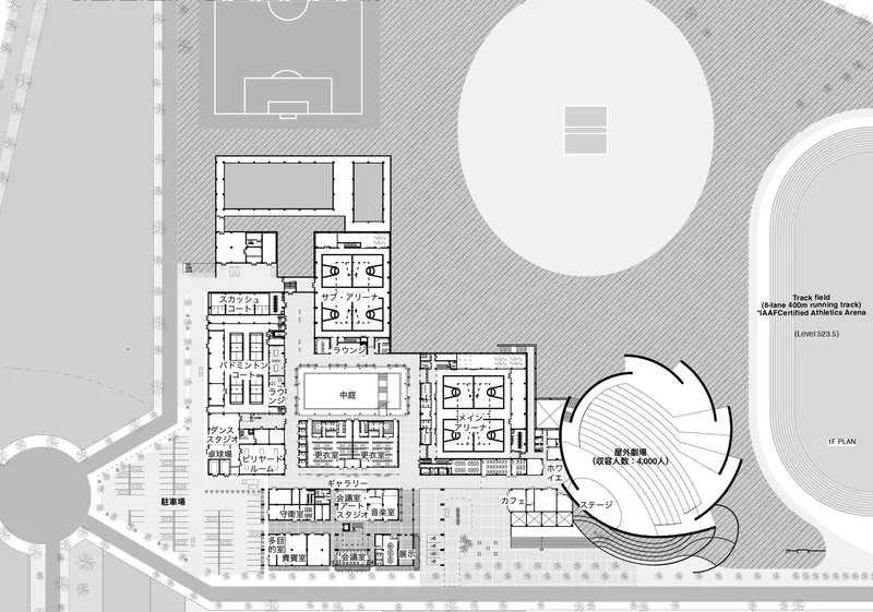 First floor plan showing rectangular volumes clustered around a circular arena and adjacent sports field