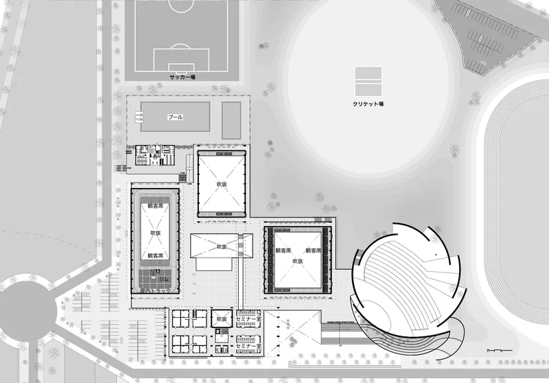 Ground floor plan depicting pool halls and gymnasium arranged beside the circular performance space