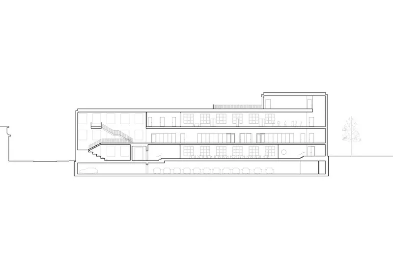 Section drawing revealing stacked levels with stairs, repetitive window openings and a basement