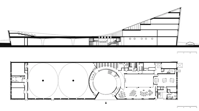 Section and floor plan drawings showing a sloped roof and circular interior volumes