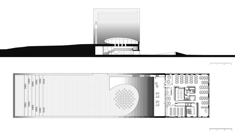 Elevation and plan drawing showing a tall rectangular tower with a curved theater and ancillary spaces