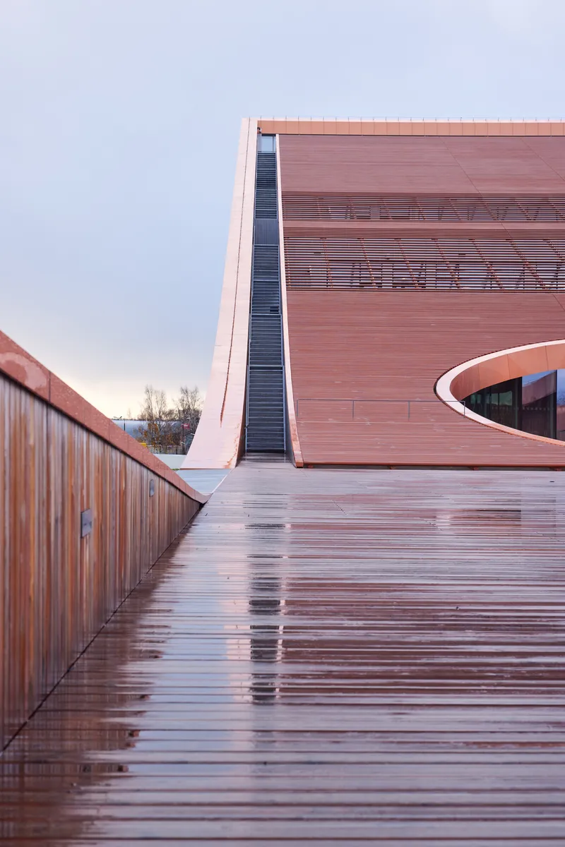 Wet timber deck leading to a curved cutout and stair against the terracotta facade