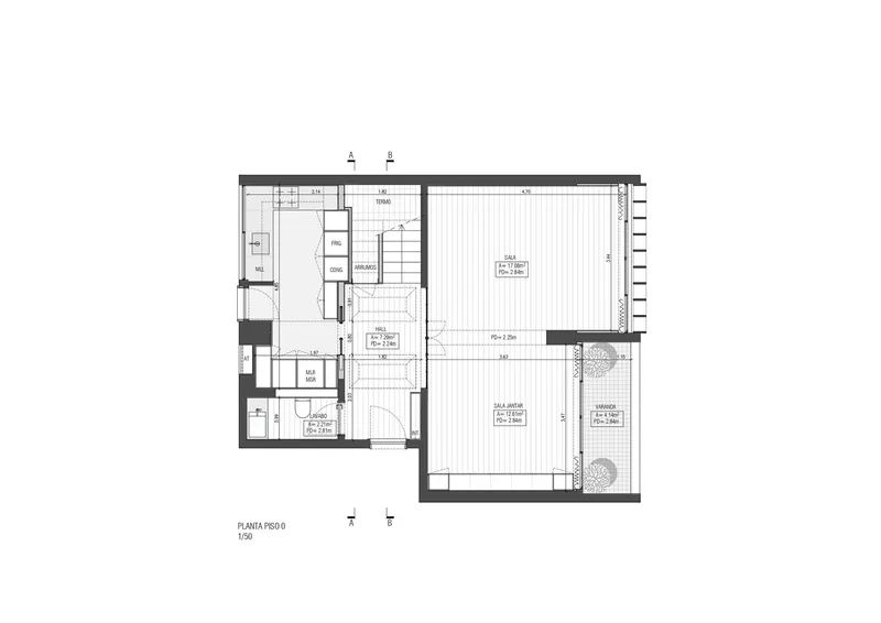 Floor plan drawing showing a residential unit with living area, bedroom, and outdoor terrace