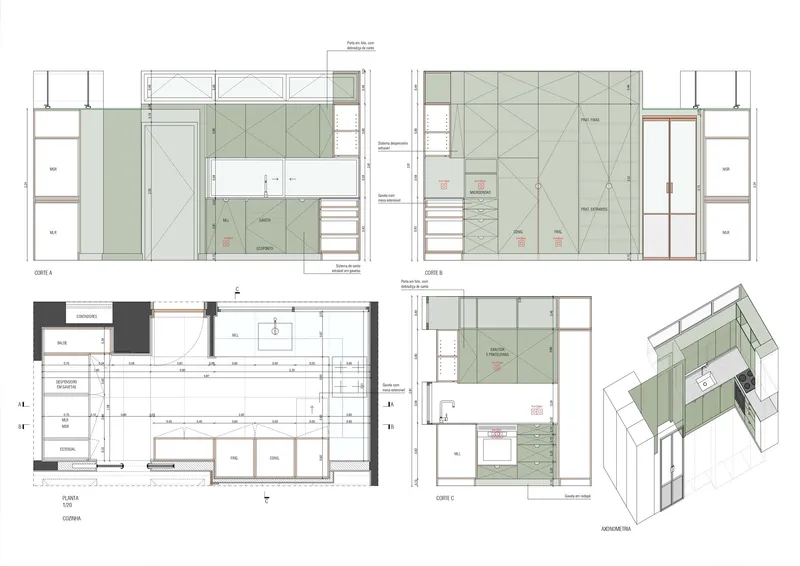 Composite sheet showing plan, section, elevation and axonometric drawings of millwork with green-toned paneling and cabinetry