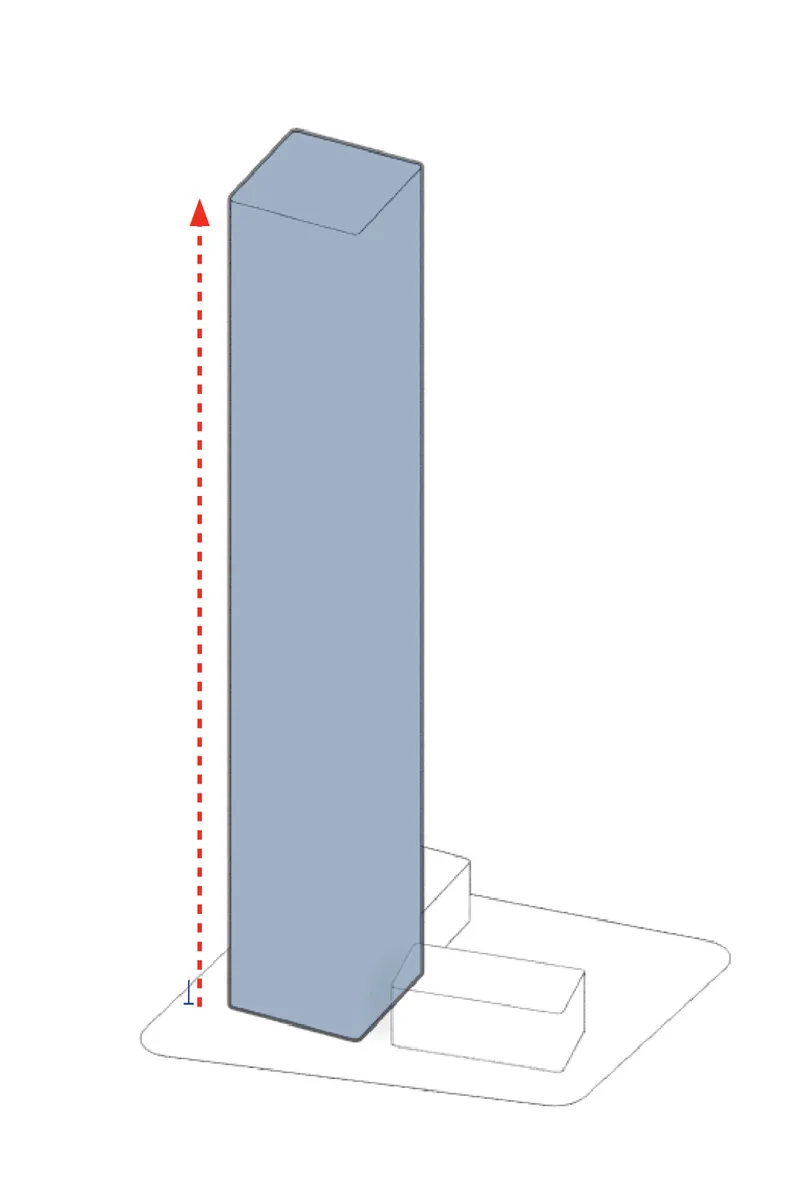 Isometric drawing of a slender tower volume rising from a stepped base with a height indicator