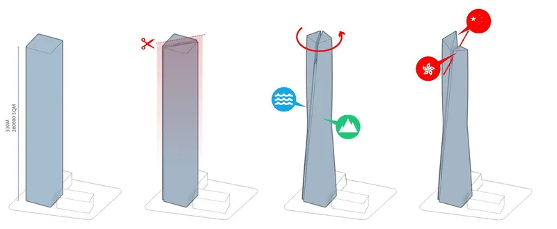 Diagram sequence showing tower form variations with angular cuts and program symbols