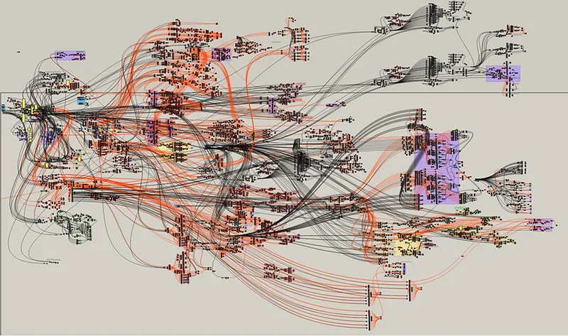 Computational design diagram showing parametric network of interconnected nodes and curved pathways in orange and black