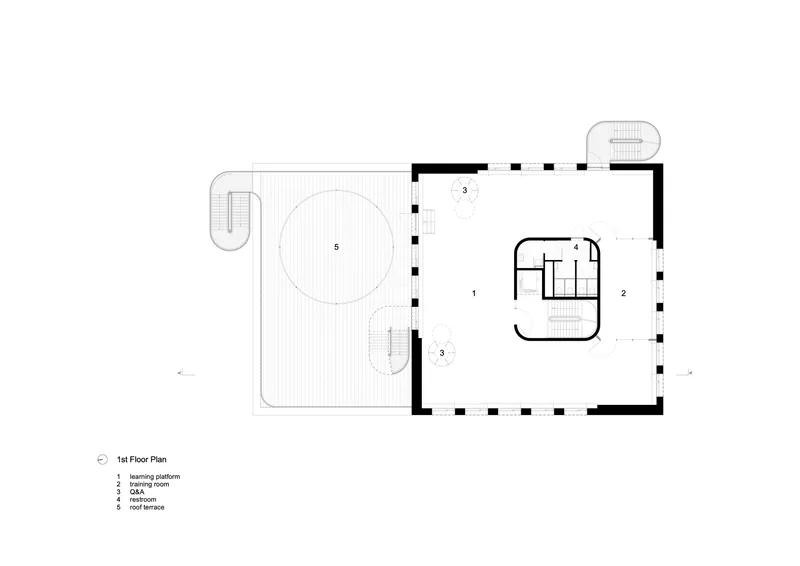 First floor plan drawing showing the learning platform with circular roof terrace and external spiral stair on the left