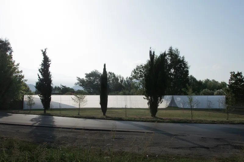 Long white fabric wall stretched across a grass lawn with cypress and deciduous trees