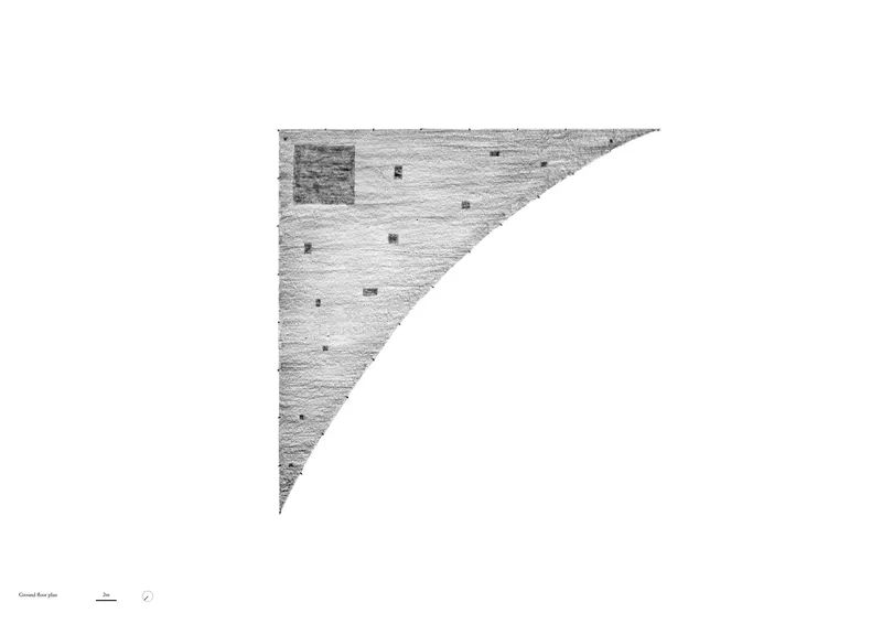Ground floor plan drawing showing a triangular building footprint with scattered window openings