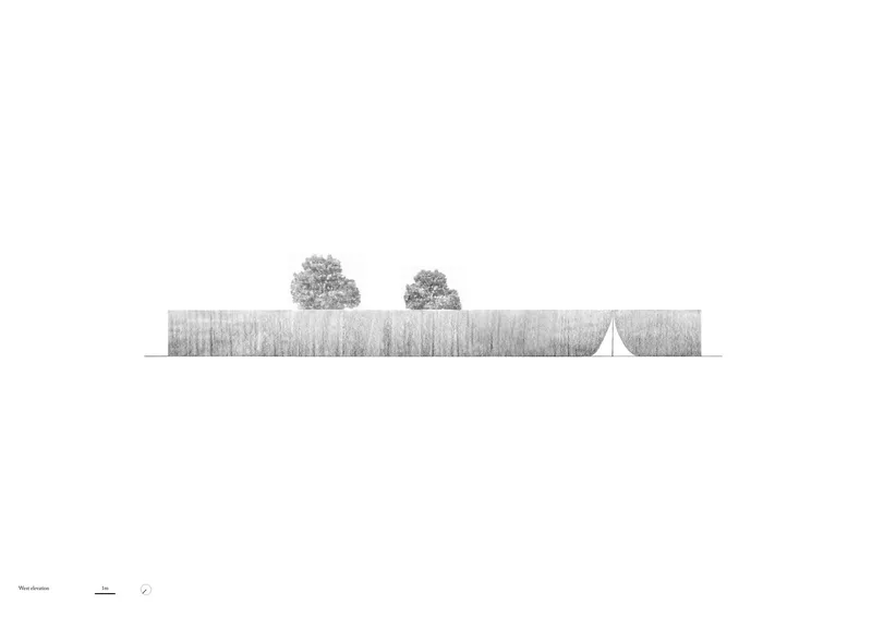 West elevation drawing depicting a horizontal stone wall with two trees and a pyramidal roof form
