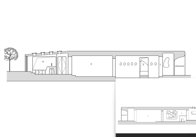 Section drawing depicting multiple interior volumes with clerestory openings and a courtyard tree