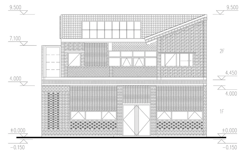 Elevation drawing showing two-story facade with varied brick patterns and window configurations