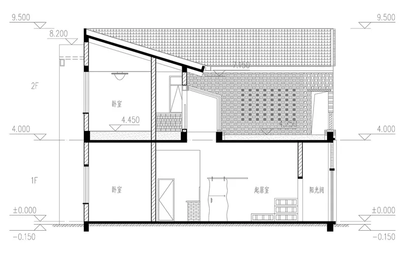 Section drawing showing sloped roof, double-height space, and two-story interior arrangement