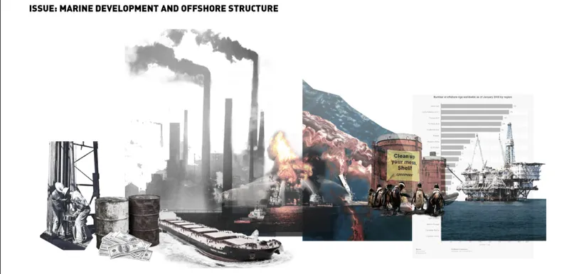 Marine development and offshore impact diagram highlighting oil infrastructure, pollution, and ecological consequences.