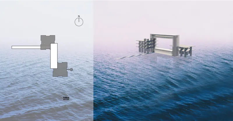 Site plan and floating architecture strategy showing the adaptive offshore structure anchored within the ocean context.