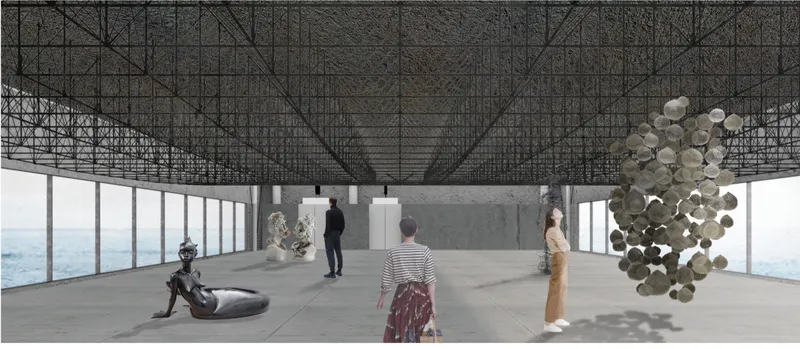 Sky museum interior framing the horizon, creating an immersive floating architecture experience between sea and sky.