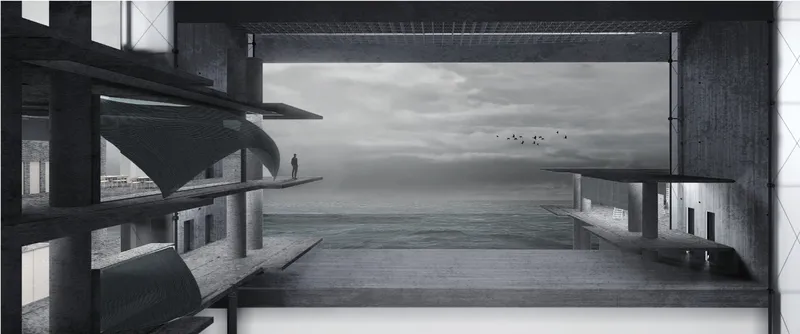 Framed ocean view from within the structure, emphasizing spatial continuity and the horizon as an architectural element.