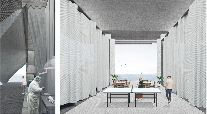 Hybrid interior space combining research, living, and social functions within a modular offshore architecture system.