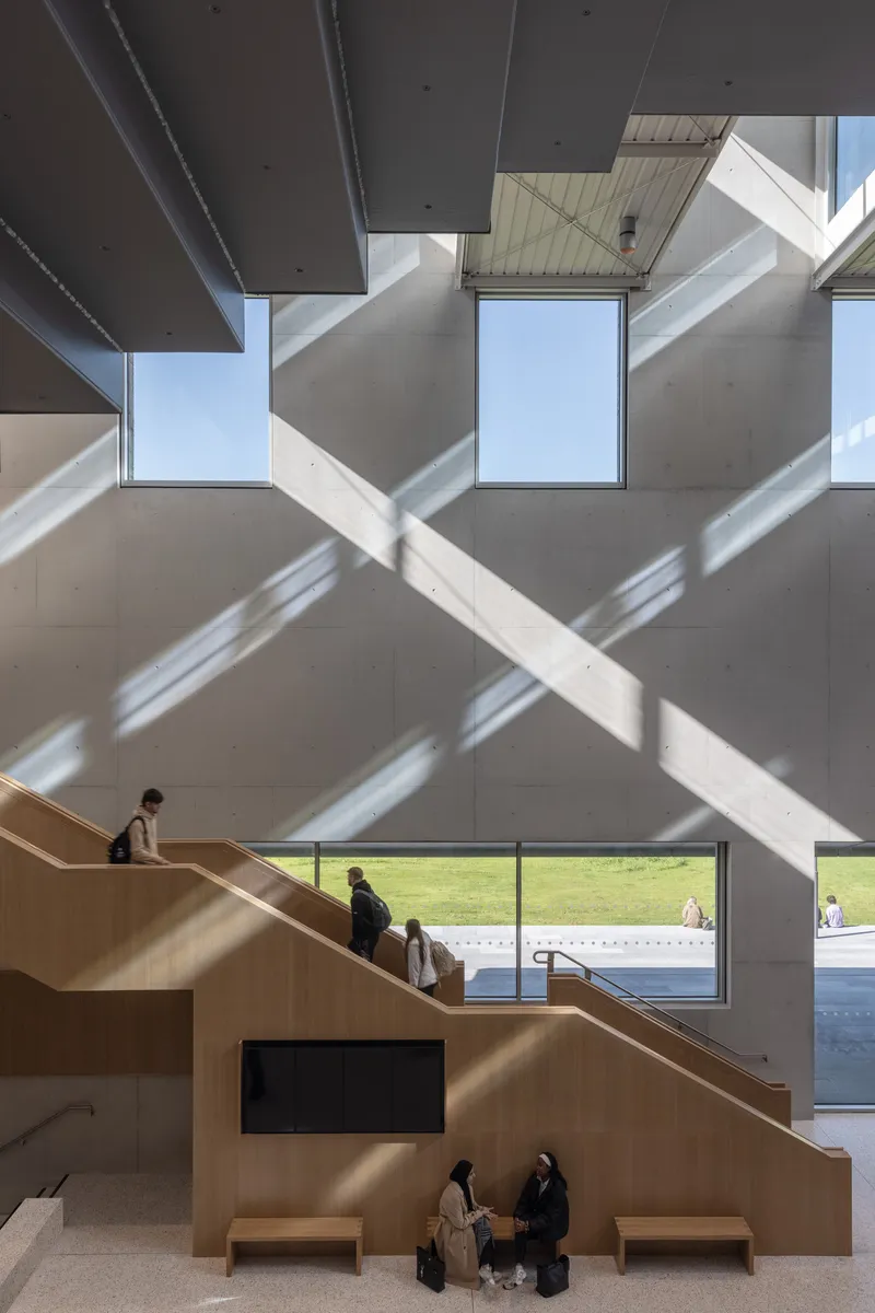 Timber clad staircase beneath a coffered concrete ceiling with geometric skylights casting diagonal shadows across the wall