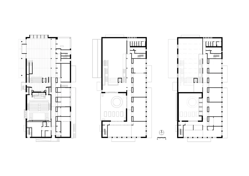Floor plan drawings showing three levels of a building with courtyards and staircases