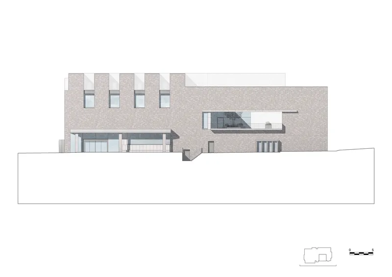 Elevation drawing of a brick facade with punched windows and a horizontal canopy