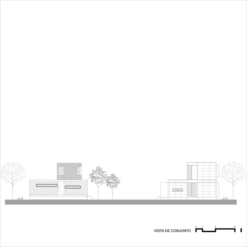 Elevation drawing showing two rectangular volumes with trees and landscaping between them