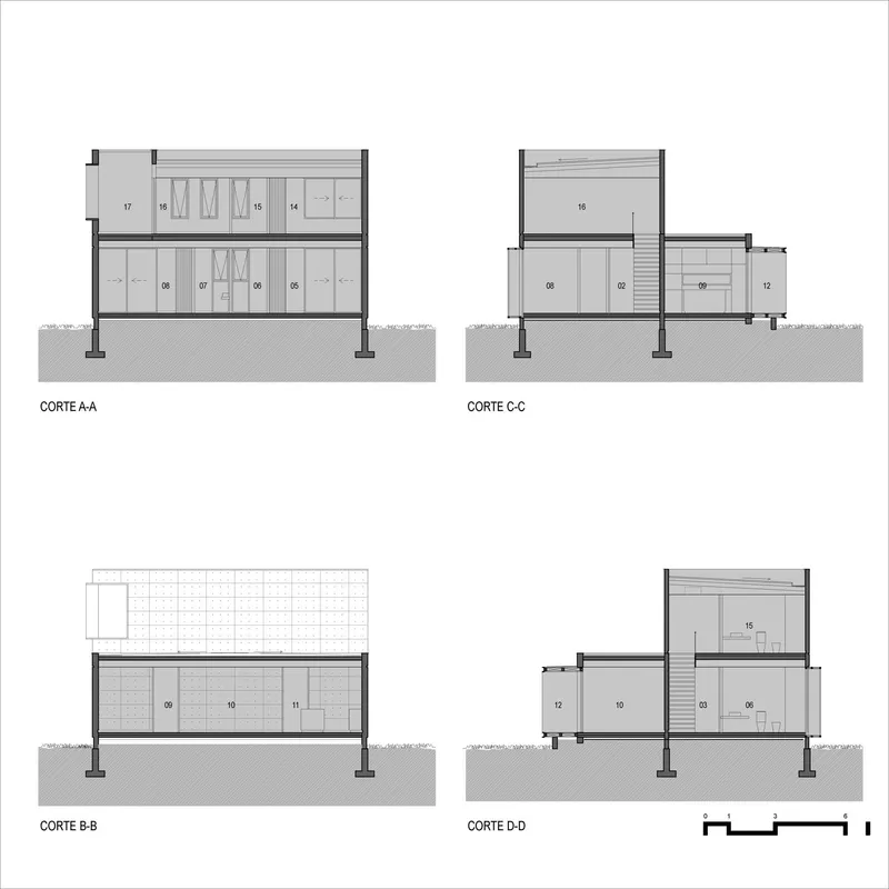 Section drawings showing interior spatial organization across multiple levels and openings