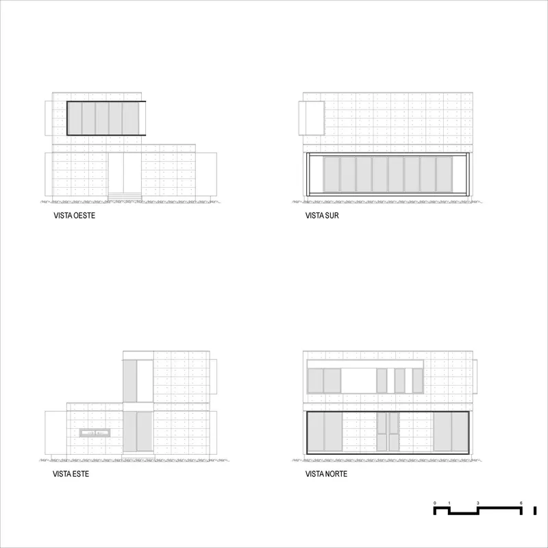 Elevation drawings of four facades displaying window patterns and material configurations