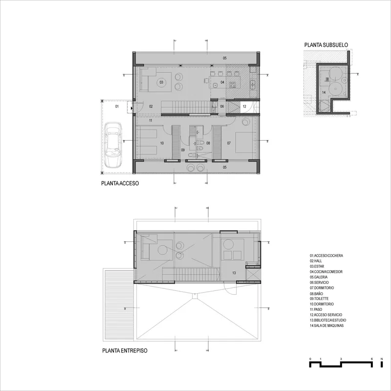 Floor plan drawings of ground level with parking and upper level with labeled room program