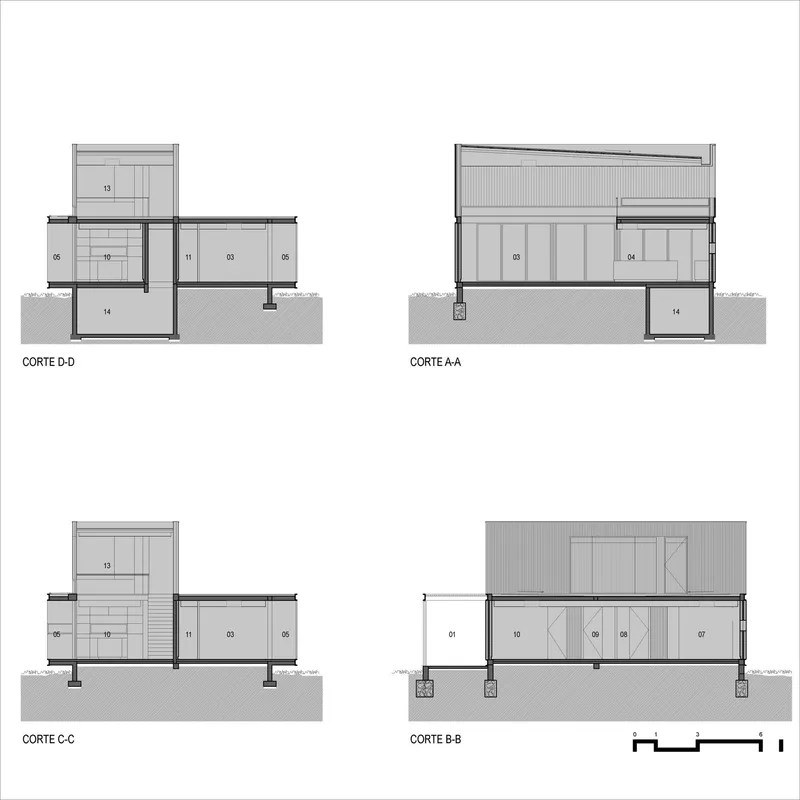 Section drawings revealing interior room heights and vertical circulation through the building
