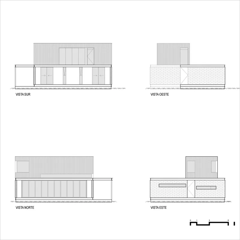 Elevation drawings showing four facades with vertical cladding and brick base on mixed volumes