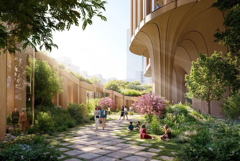 Ground-level garden path beneath vaulted concrete canopy with flowering cherry trees and seated visitors