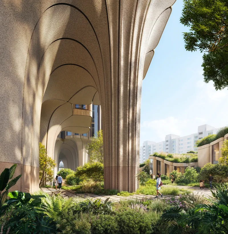 Arched concrete undercroft supporting tower above with planted landscape and walking residents below