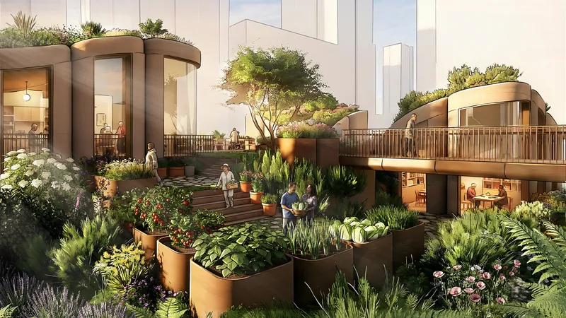 Rooftop terrace with curved planters filled with vegetables and grasses, residents gathering among highrise towers