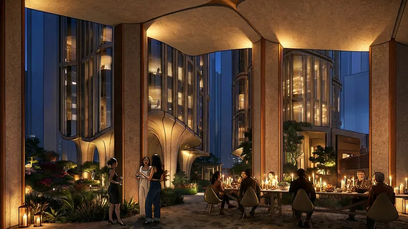 Evening terrace dining beneath illuminated arched canopies, potted plants and candlelit tables at dusk
