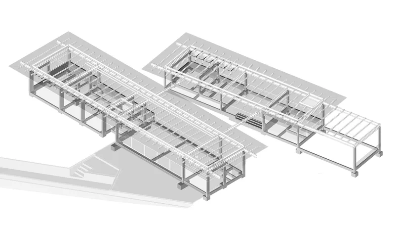 Axonometric drawing revealing the exposed timber beam and joist roof structure over interior spaces