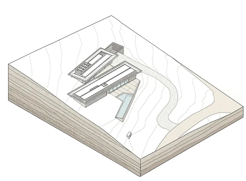 Isometric site drawing showing two bar-shaped volumes nestled into sloping contoured terrain