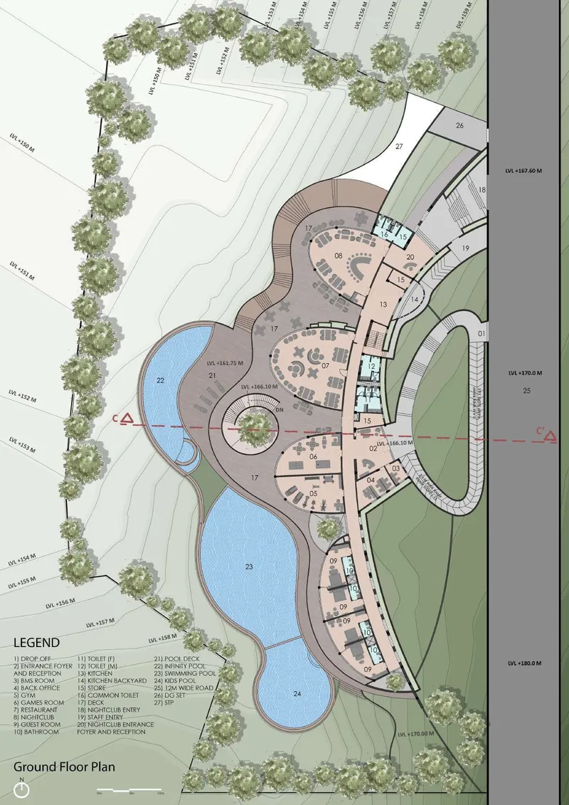 Ground floor plan drawing showing organic curving forms with rooms arranged around a central courtyard and adjacent pools