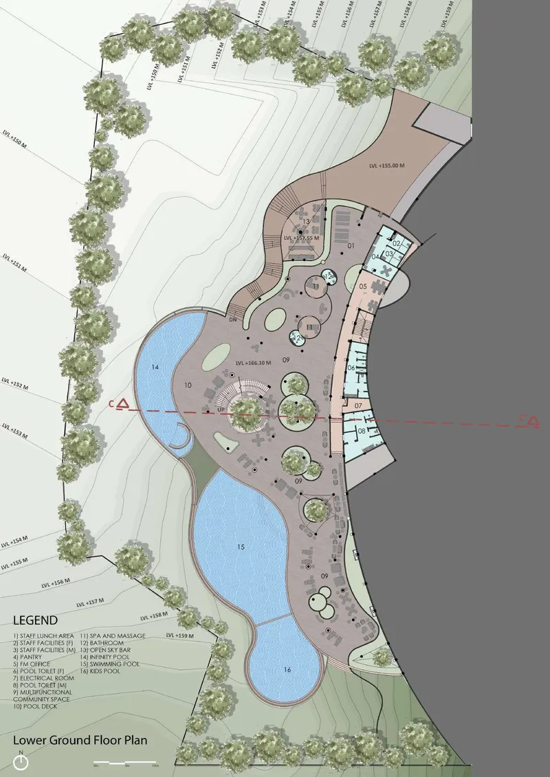 Lower ground floor plan drawing depicting spa facilities with circular planted areas and reflecting pools flanking the structure