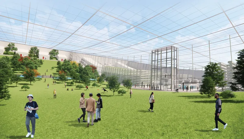 Green communal landscapes inside the rotating habitat introduce nature and recreation into the future of extraterrestrial living.