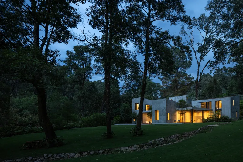 Concrete residence with illuminated windows set among eucalyptus trees at dusk