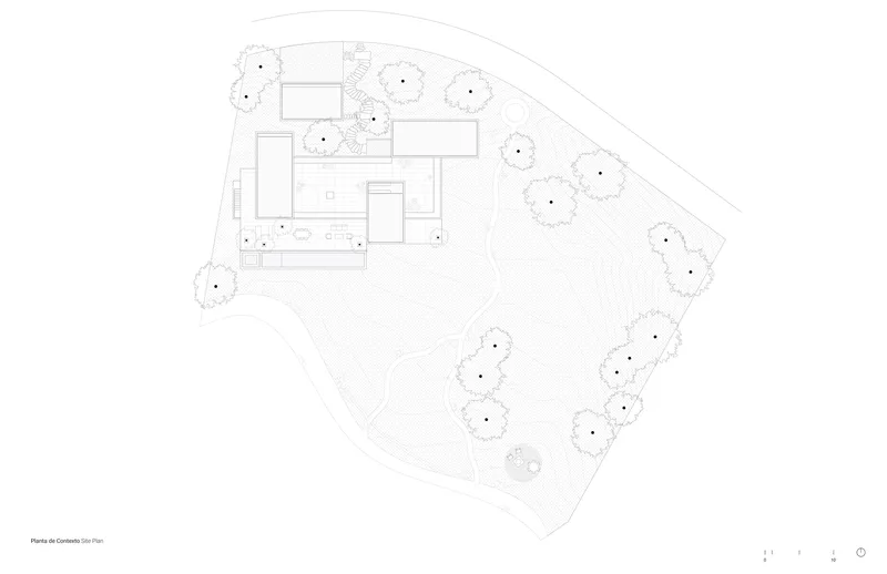 Site plan drawing showing the residence footprint surrounded by existing tree canopies