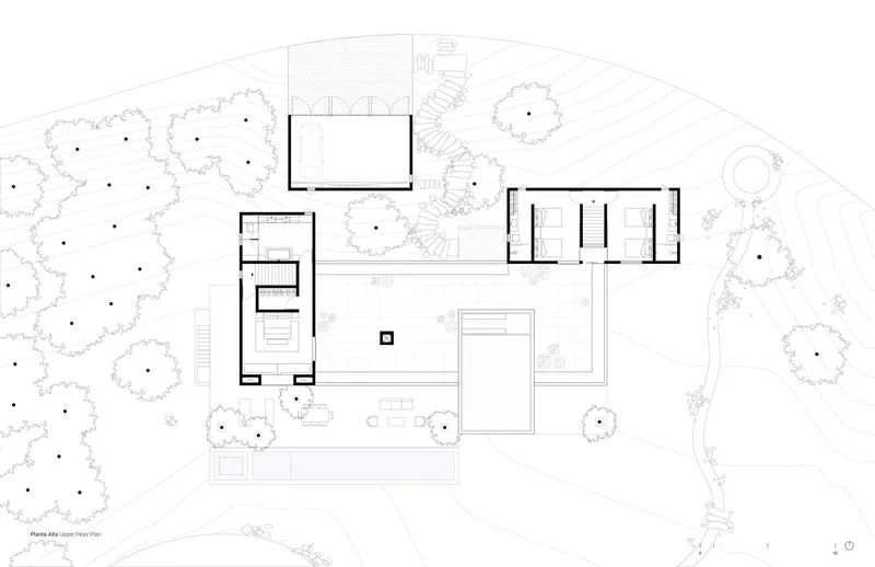 Mid-level floor plan drawing showing bedrooms and covered terrace among the trees