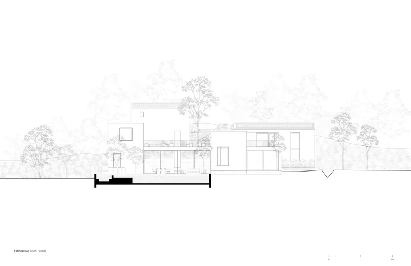 South elevation drawing with concrete volumes and glazing shown against surrounding trees