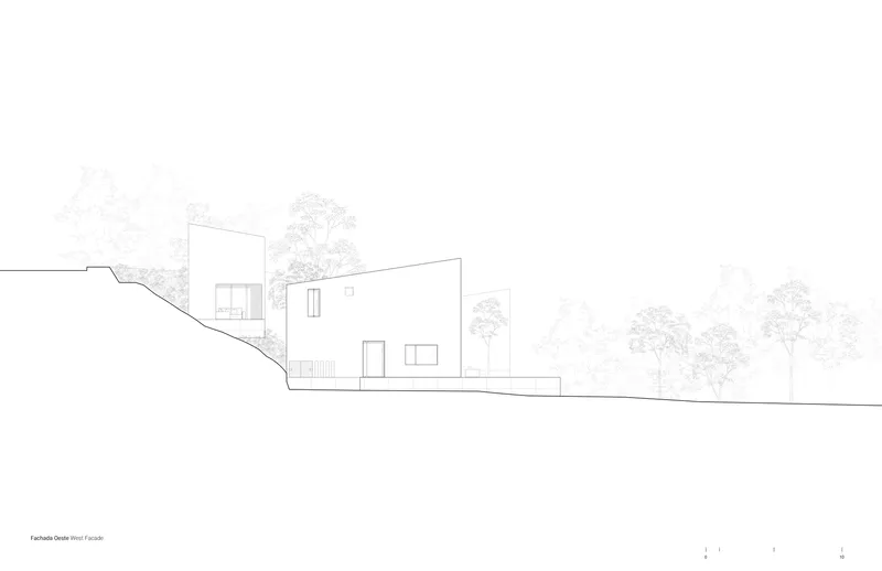 Elevation drawing of the west facade showing stacked volumes on a descending hillside with tree canopies