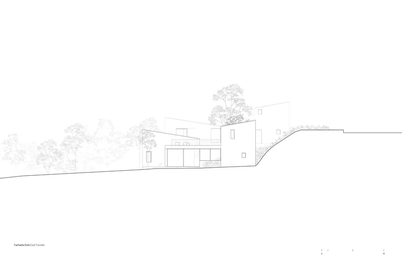 Elevation drawing of the east facade showing cubic volumes rising from sloping ground with surrounding vegetation