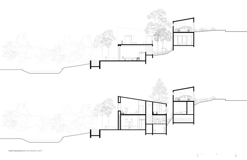 Transverse section drawing showing split-level interior spaces stepping upward through the hillside site